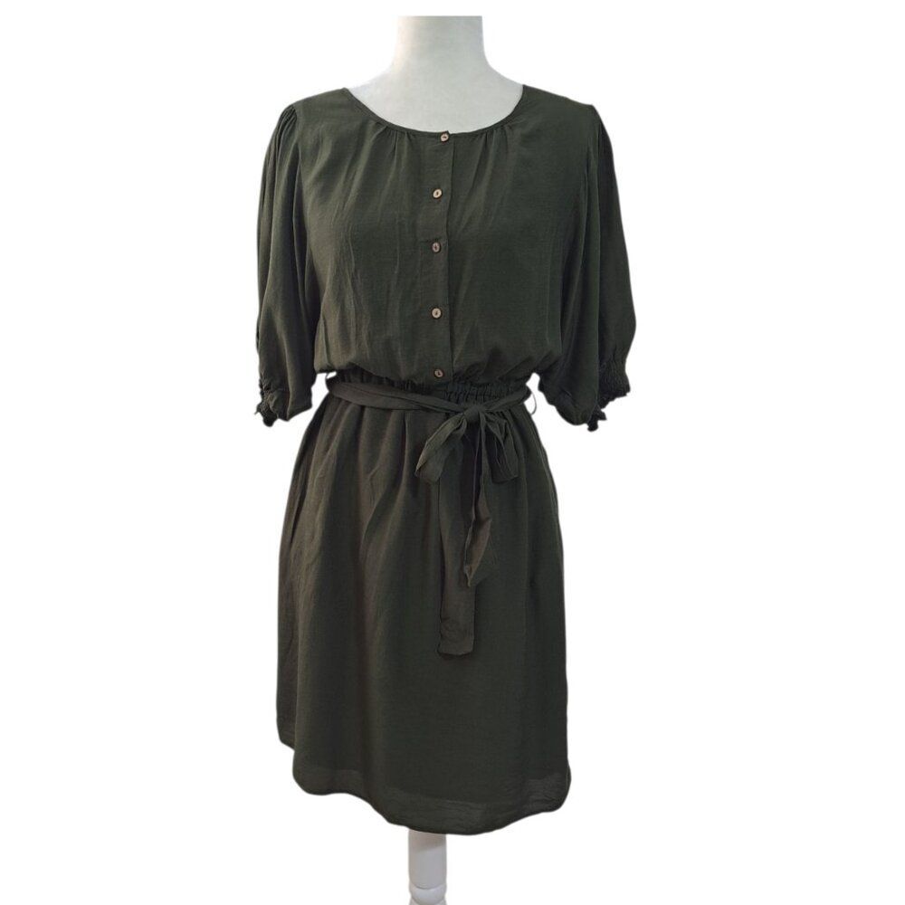 Anthropologie Women's Nicole Puff Sleeve Shirt Dress Forest Green Pockets Sz M